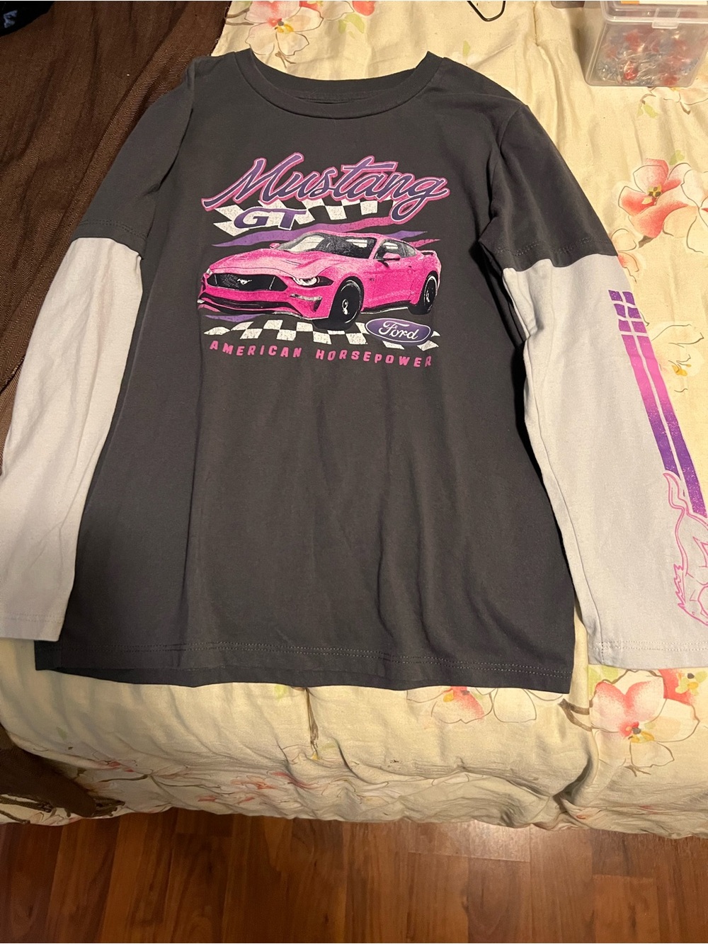 Ford Mustang GT Girls  Long Sleeve Tee  Gray, Pink American Muscle Car